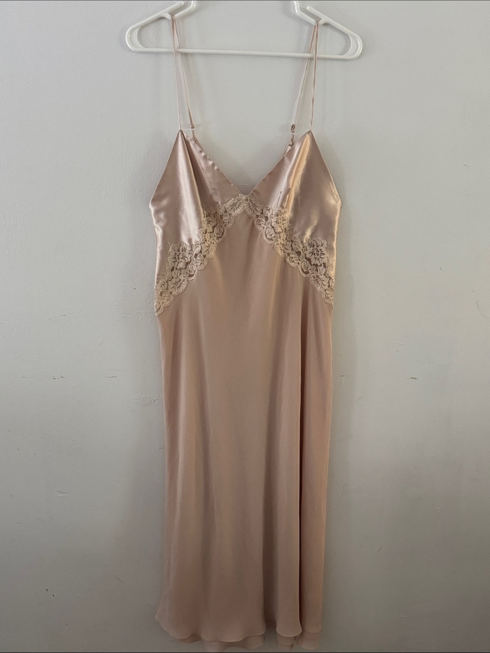 Oscar de la Renta Cream/Tan Satin Lace-Trim Chemise Sz L